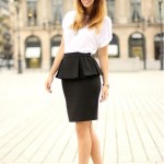 white shirt + black skirt + nude pumps